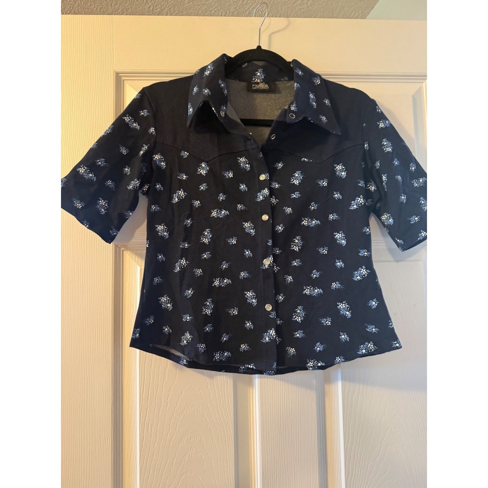 Malibu Floral Western Snap Button Down Shirt Navy Blue Short Sleeve Size L